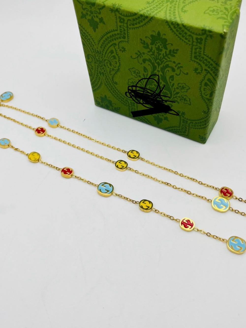 Gold-Tone Multicolor Enamel Disc Necklace - Blue, Yellow, Red New WOT or box